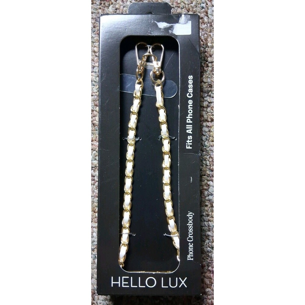 Hello Lux Gold Tone Chain with Faux Leather Phone Wristlet - White